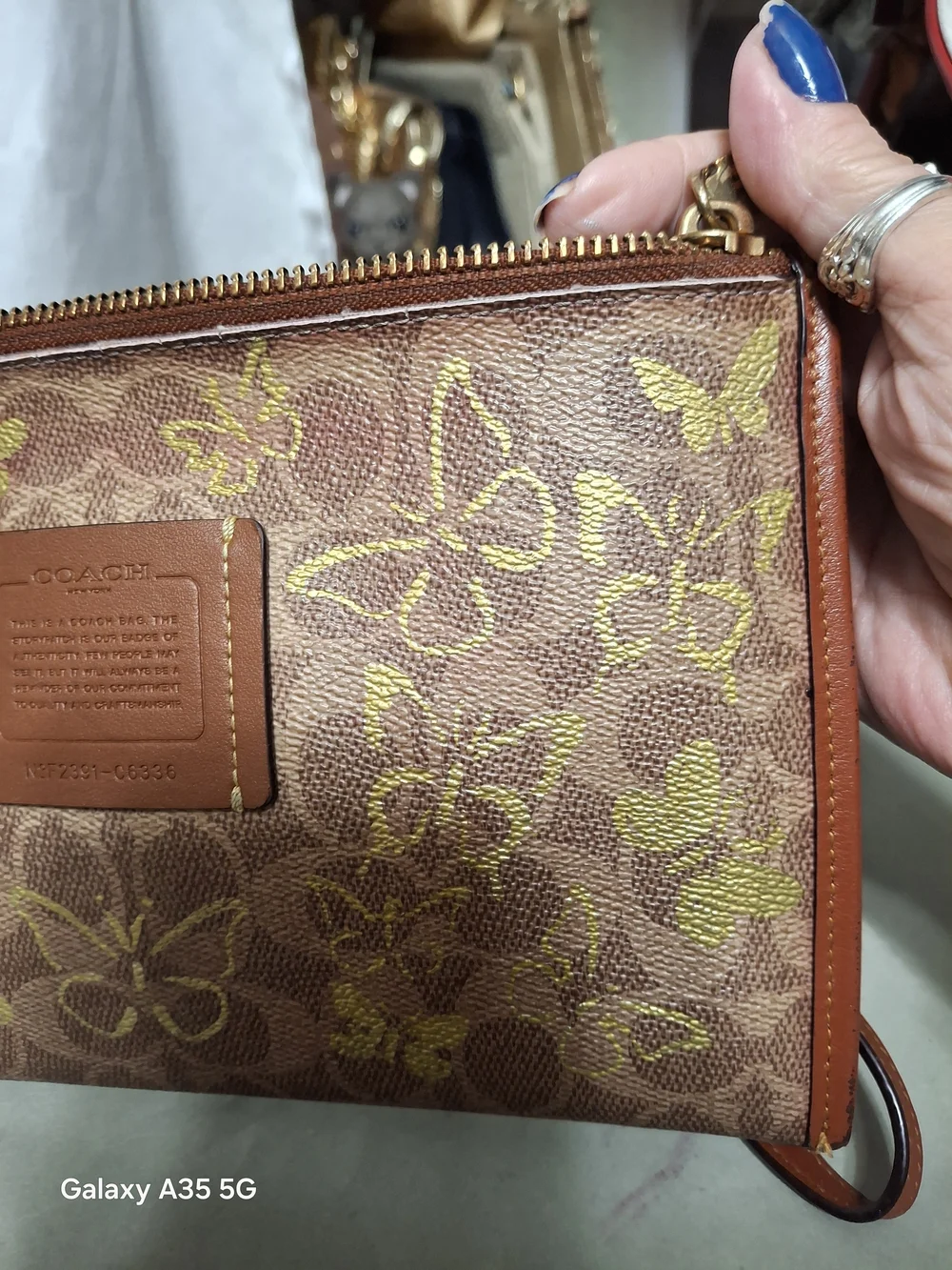 Coach Brown Leather Wristlet with Gold Butterfly Print Custom Paint